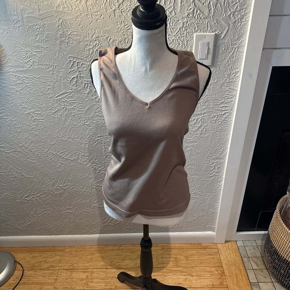Olivia Jordan Ribbed V-Neck Tank Top, Taupe Brown, Size 1X